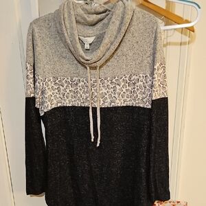 Market & Spruce Gray and Black Cowl Neck Sweater with Leopard Print